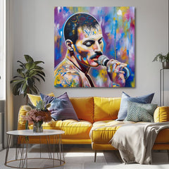 Modern tablou pe pânză cu motivul Freddie Mercury - Legenda pod reflektormi, microfon în violet-auriu nuanțe, atmosferă energică | Tablou Freddie Mercury - Legenda pod reflektormi – produs