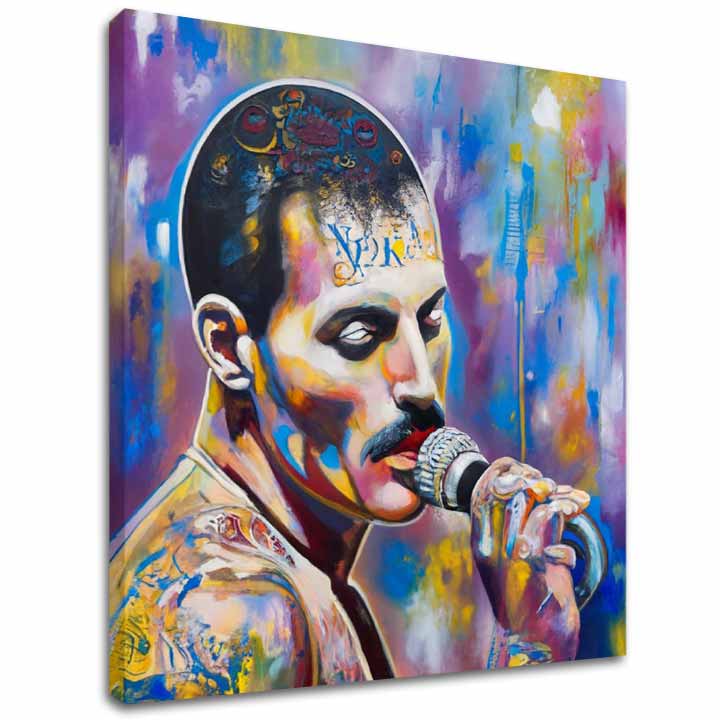 Modern tablou pe pânză cu motivul Freddie Mercury - Legenda pod reflektormi, microfon în violet-auriu nuanțe, atmosferă energică | Tablou Freddie Mercury - Legenda pod reflektormi – principală