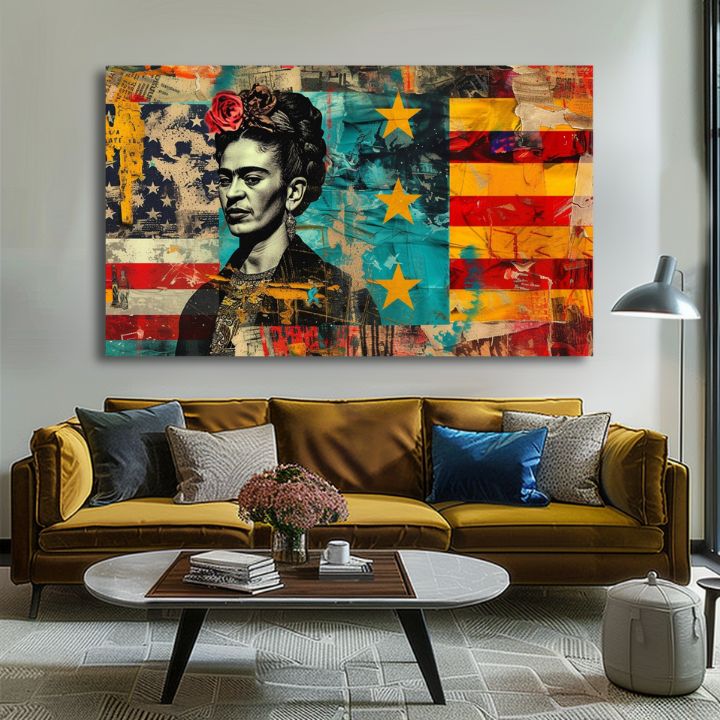 Modern tablou pe pânză cu motivul Frida Kahlo - Kultúrny odkaz, flori în roșu-turcoaz nuanțe, atmosferă îndrăzneață | Tablou Frida Kahlo - Kultúrny odkaz – produs, vedere 2
