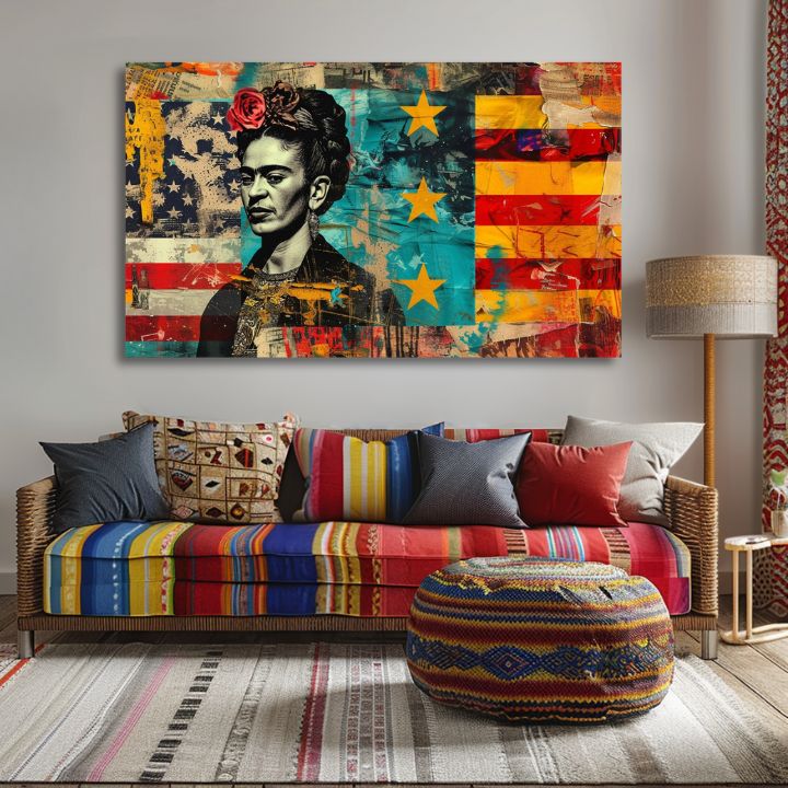 Modern tablou pe pânză cu motivul Frida Kahlo - Kultúrny odkaz, flori în roșu-turcoaz nuanțe, atmosferă îndrăzneață | Tablou Frida Kahlo - Kultúrny odkaz – produs