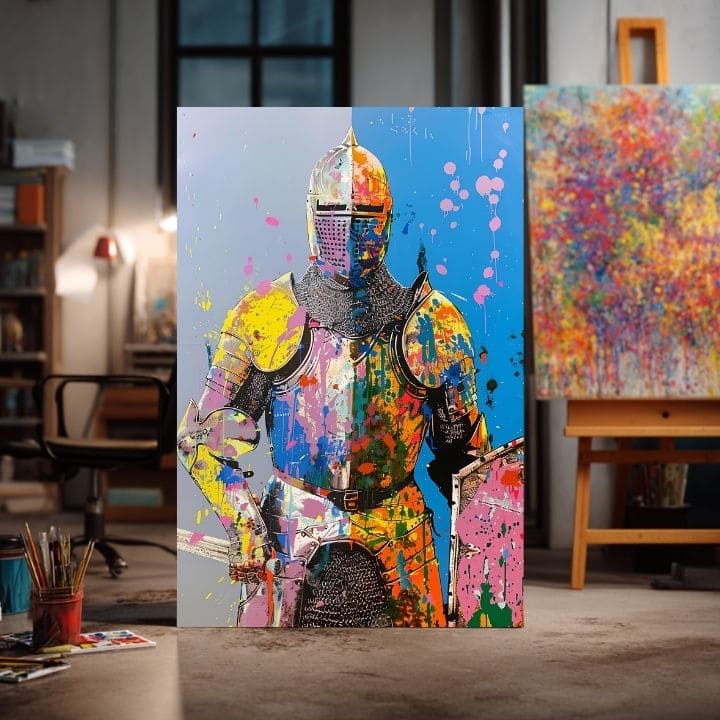 Modern tablou pe pânză cu motivul Graffiti Knight, štít în galben-portocaliu nuanțe, atmosferă energică, forță | Tablou Graffiti Knight – produs, vedere 2