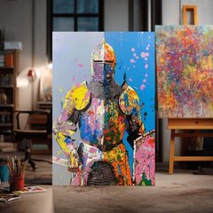 Modern tablou pe pânză cu motivul Graffiti Knight, štít în galben-portocaliu nuanțe, atmosferă energică, forță | Tablou Graffiti Knight – produs, vedere 2