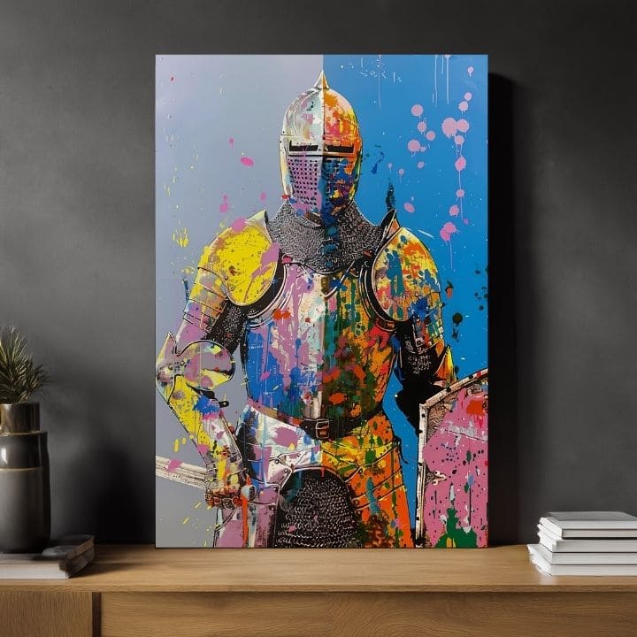 Modern tablou pe pânză cu motivul Graffiti Knight, štít în galben-portocaliu nuanțe, atmosferă energică, forță | Tablou Graffiti Knight – produs