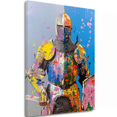 Modern tablou pe pânză cu motivul Graffiti Knight, štít în galben-portocaliu nuanțe, atmosferă energică, forță | Tablou Graffiti Knight – principală