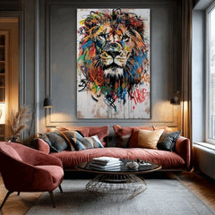 Modern tablou pe pânză cu motivul Graffiti Lion, leu în negru-portocaliu nuanțe, atmosferă energică, forță și libertate | Tablou Graffiti Lion – produs, vedere 2