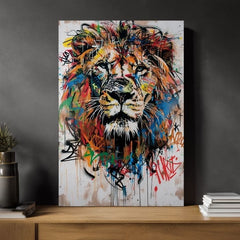 Modern tablou pe pânză cu motivul Graffiti Lion, leu în negru-portocaliu nuanțe, atmosferă energică, forță și libertate | Tablou Graffiti Lion – produs
