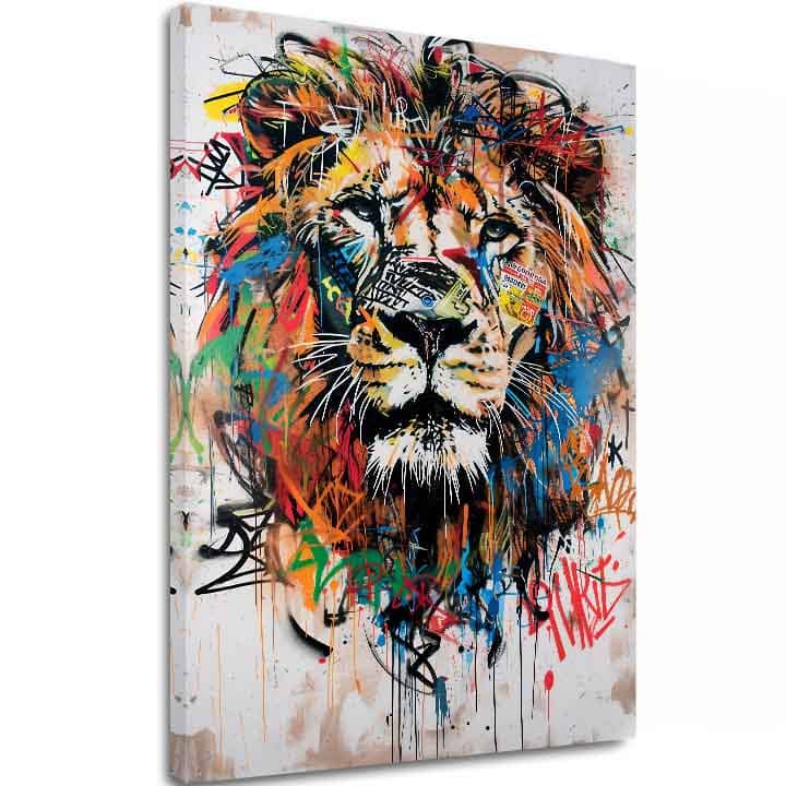 Modern tablou pe pânză cu motivul Graffiti Lion, leu în negru-portocaliu nuanțe, atmosferă energică, forță și libertate | Tablou Graffiti Lion – principală
