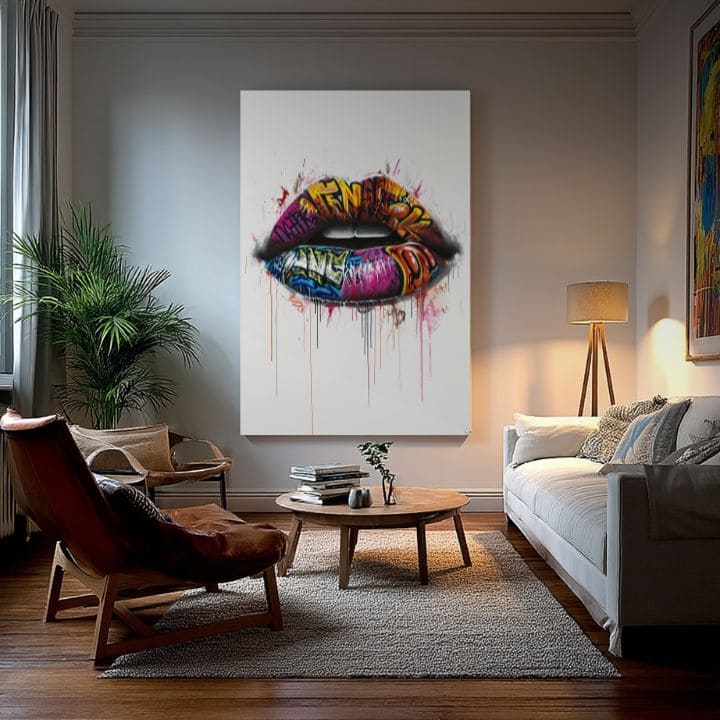 Modern tablou pe pânză cu motivul Graffiti Lips, graffiti în alb-roz nuanțe, atmosferă energică | Tablou Graffiti Lips – produs