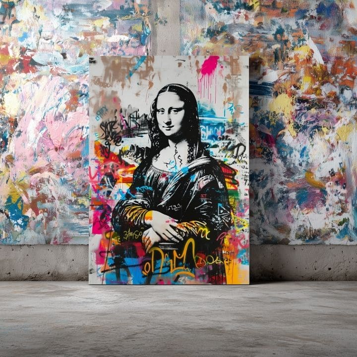 Modern tablou pe pânză cu motivul Graffiti Mona na pânză în negru-alb nuanțe, atmosferă energică | Tablou Graffiti Mona na pânză – produs, vedere 3