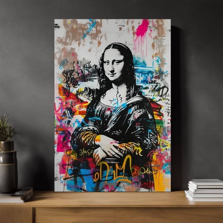 Modern tablou pe pânză cu motivul Graffiti Mona na pânză în negru-alb nuanțe, atmosferă energică | Tablou Graffiti Mona na pânză – produs, vedere 2