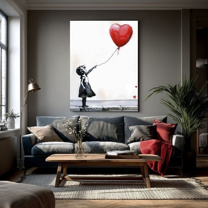 Modern tablou pe pânză cu motivul Heart Balloon Girl, balon, inimă în alb-negru nuanțe, atmosferă melancolică, nádej | Tablou Heart Balloon Girl – produs