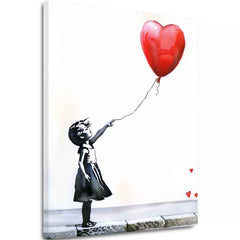 Modern tablou pe pânză cu motivul Heart Balloon Girl, balon, inimă în alb-negru nuanțe, atmosferă melancolică, nádej | Tablou Heart Balloon Girl – principală