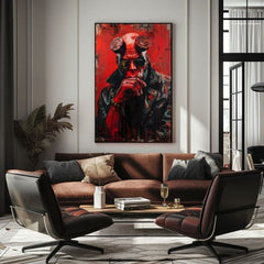 Modern tablou pe pânză cu motivul Hellboy: Pekelný bojovník în negru-gri nuanțe | Tablou Hellboy: Pekelný bojovník – produs, vedere 2
