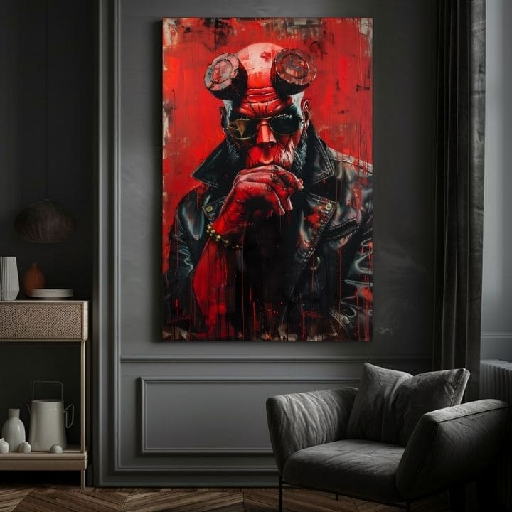 Modern tablou pe pânză cu motivul Hellboy: Pekelný bojovník în negru-gri nuanțe | Tablou Hellboy: Pekelný bojovník – produs, vedere 5