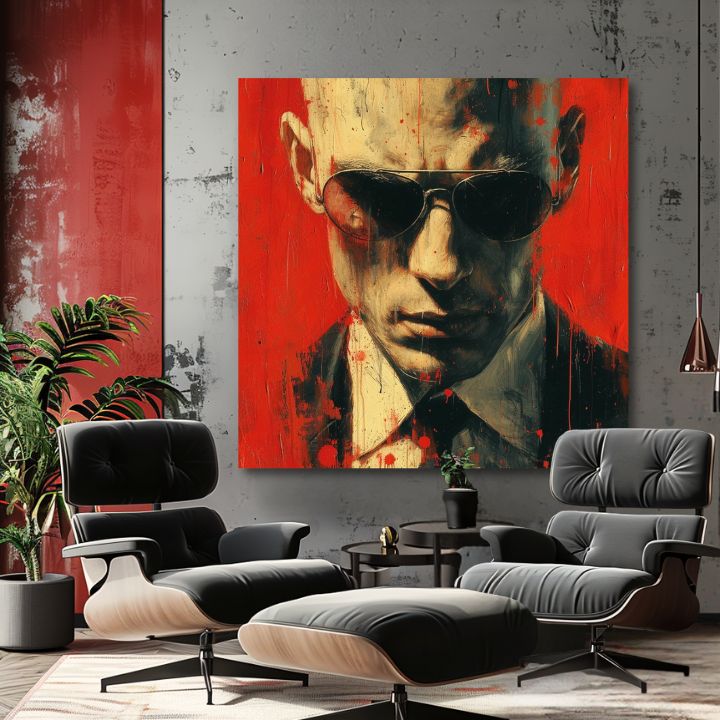 Modern tablou pe pânză cu motivul Hitman - Zmysel pre detaliu în roșu-negru nuanțe, atmosferă intensă, mister | Tablou Hitman - Zmysel pre detaliu – produs