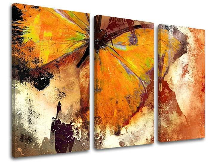 Pop art tablou pe pânză cu motivul fluture în maro-portocaliu nuanțe, atmosferă caldă, natură, execuție cu trei panouri, potrivit pentru sufragerie | Tablou de perete ABSTRACT – principală