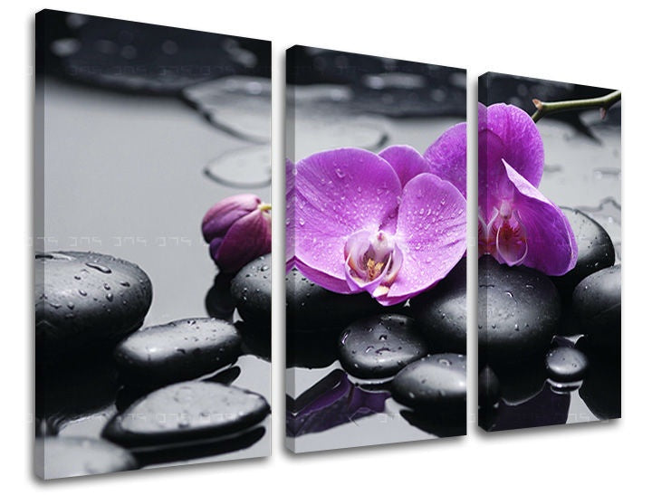 Art deco tablou pe pânză cu motivul FENG SHUI, orhidee, peisaj, natură în violet-negru nuanțe, atmosferă liniștită, natură, potrivit pentru sufragerie – principală