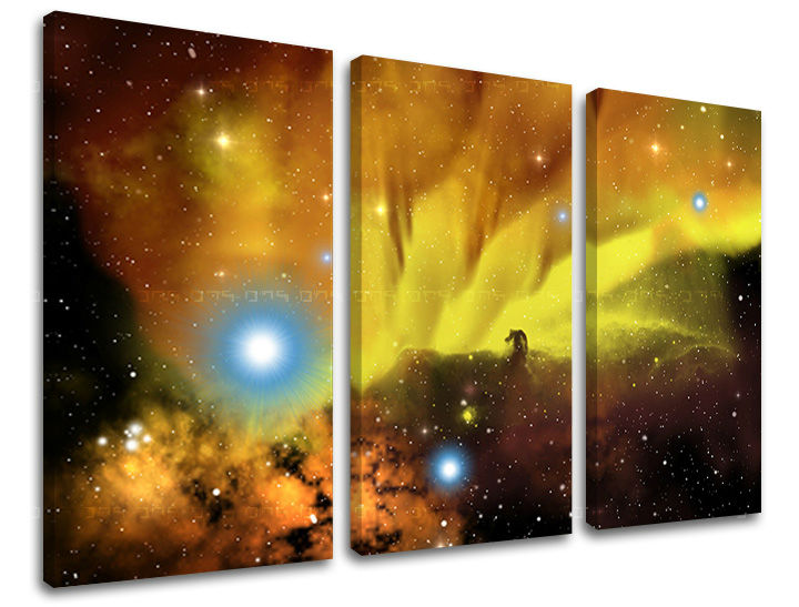 Clasic tablou pe pânză cu motivul stele, siluetă, peisaj, univers în albastru-portocaliu nuanțe, atmosferă eterică, singurătate, potrivit pentru birou de lucru – principală