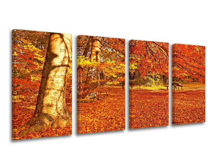 În stil boho tablou cu motivul copaci, pădure, bancă în parc în maro-roșu nuanțe | Tablou de perete COPACI, natură – previzualizare