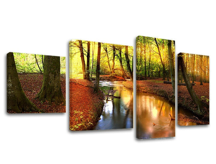 Clasic tablou pe pânză cu motivul pădure, copaci, peisaj, hartă, natură în portocaliu-verde nuanțe, atmosferă liniștită, natură, execuție multi-panou – principală