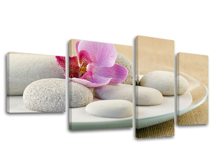 Clasic tablou pe pânză cu motivul FENG SHUI în alb-bej nuanțe, atmosferă liniștită, natură și minimalism, execuție multi-panou, potrivit pentru sufragerie – principală