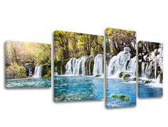 Geometric tablou cu motivul cascadă, râu, pădure în alb-roșu nuanțe | Tablou de perete KRAJINA, natură și atmosferă de primăvară – previzualizare