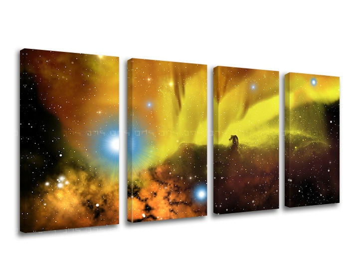 Pop art tablou pe pânză cu motivul stele, univers în albastru-portocaliu nuanțe, atmosferă eterică, natură și libertate, execuție multi-panou – principală
