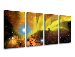 Pop art tablou pe pânză cu motivul stele, univers în albastru-portocaliu nuanțe, atmosferă eterică, natură și libertate, execuție multi-panou – principală
