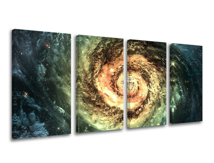 Modern tablou pe pânză cu motivul galaxie, stele, univers în verde-auriu nuanțe, atmosferă maiestuoasă, mister, execuție multi-panou – principală