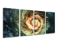 Modern tablou pe pânză cu motivul galaxie, stele, univers în verde-auriu nuanțe, atmosferă maiestuoasă, mister, execuție multi-panou – principală
