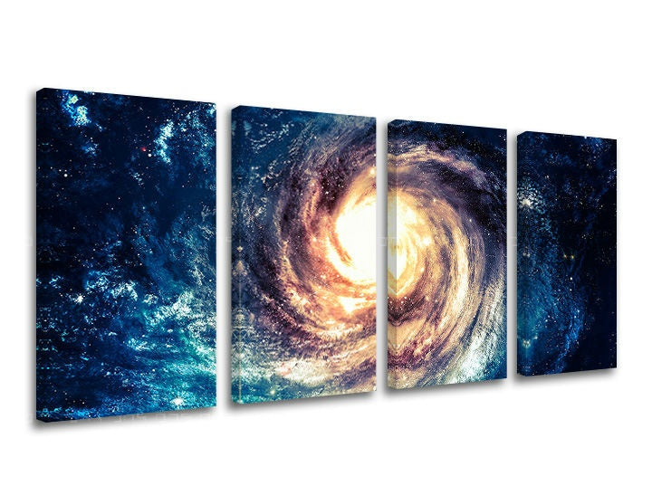 Modern tablou pe pânză cu motivul galaxie, stele, univers în albastru-auriu nuanțe, atmosferă maiestuoasă, execuție multi-panou, potrivit pentru birou de lucru – principală
