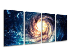 Modern tablou pe pânză cu motivul galaxie, stele, univers în albastru-auriu nuanțe, atmosferă maiestuoasă, execuție multi-panou, potrivit pentru birou de lucru – principală