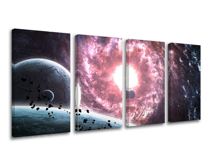 Modern tablou pe pânză cu motivul stele, lună, univers în alb-albastru nuanțe, atmosferă maiestuoasă, execuție multi-panou, potrivit pentru birou – principală