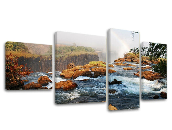 Clasic tablou pe pânză cu motivul CASCADE, râu, curcubeu, cascadă în maro-albastru nuanțe, atmosferă liniștită, natură și aventură, execuție multi-panou – principală
