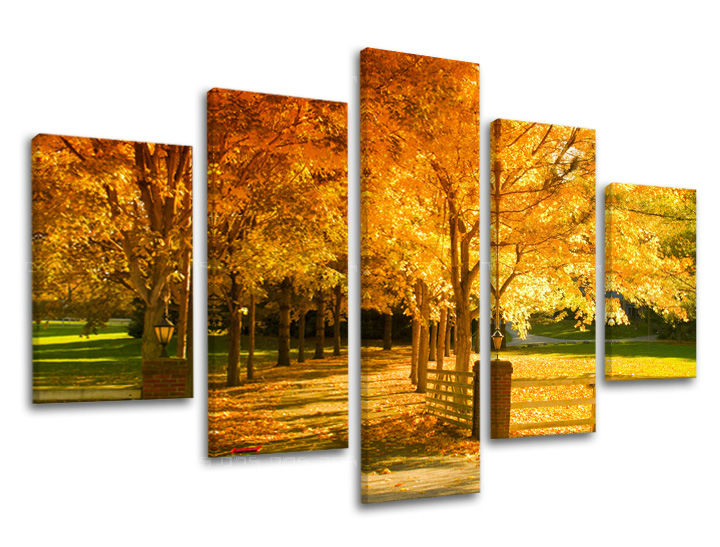 Clasic tablou pe pânză cu motivul copaci, gard, peisaj, natură în portocaliu-verde nuanțe, atmosferă liniștită, natură, execuție multi-panou – principală