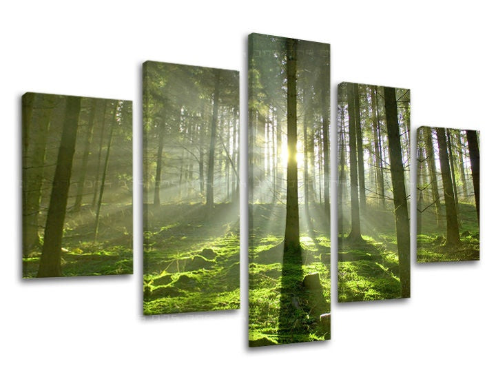 Clasic tablou pe pânză cu motivul pădure, copaci, peisaj, hartă, natură în maro-verde nuanțe, atmosferă liniștită, natură, execuție multi-panou – principală