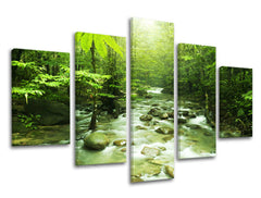 Clasic tablou pe pânză cu motivul pădure, râu, copaci, peisaj, natură în verde nuanțe, atmosferă liniștită, natură și pace și echilibru – principală