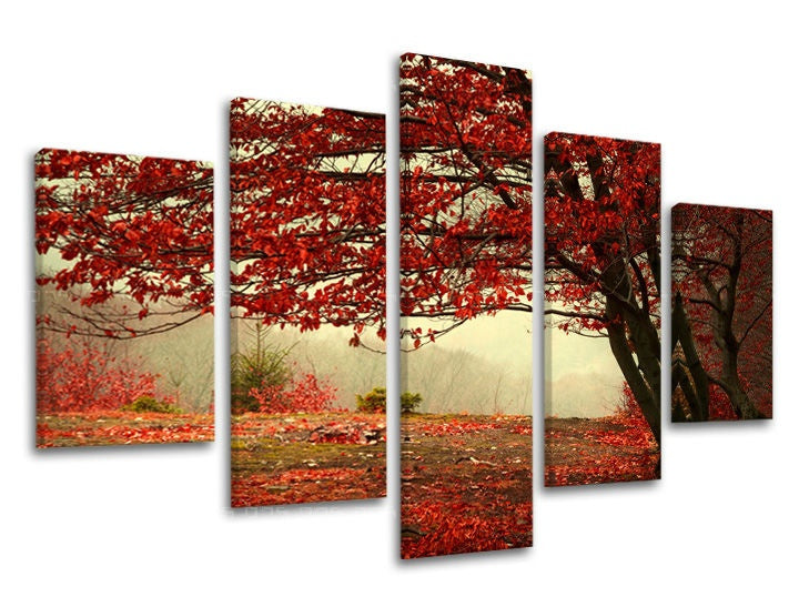 Clasic tablou pe pânză cu motivul copaci, frunziș de toamnă, pădure, ceață ușoară, natură în maro-gri nuanțe, atmosferă liniștită, natură, execuție multi-panou – principală