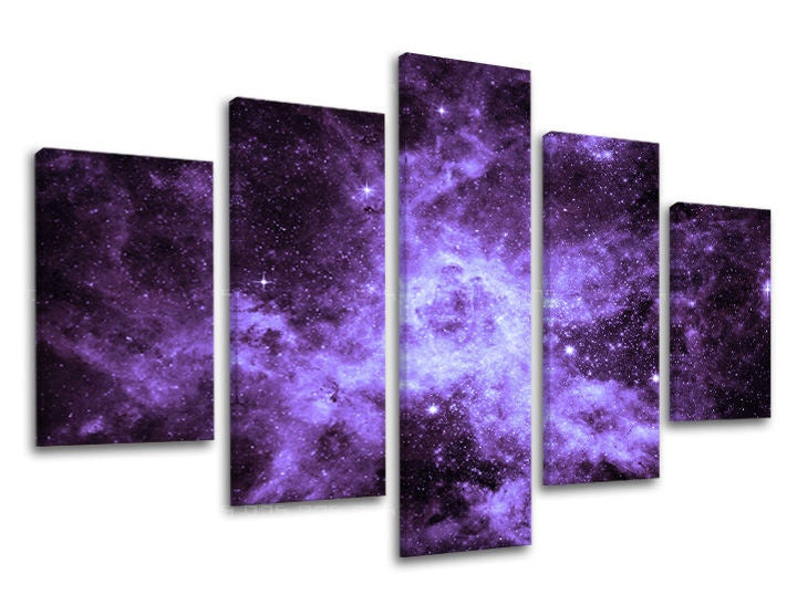 Clasic tablou pe pânză cu motivul galaxie, stele, univers în alb-violet nuanțe, mister, execuție multi-panou, potrivit pentru sufragerie – principală