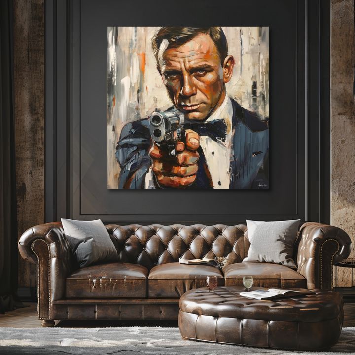 Modern tablou pe pânză cu motivul James Bond - Nebezpečná eleganță în portocaliu nuanțe, atmosferă intensă, lumea filmului | Tablou James Bond - Nebezpečná eleganță – produs, vedere 2