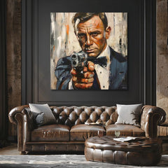 Modern tablou pe pânză cu motivul James Bond - Nebezpečná eleganță în portocaliu nuanțe, atmosferă intensă, lumea filmului | Tablou James Bond - Nebezpečná eleganță – produs, vedere 2