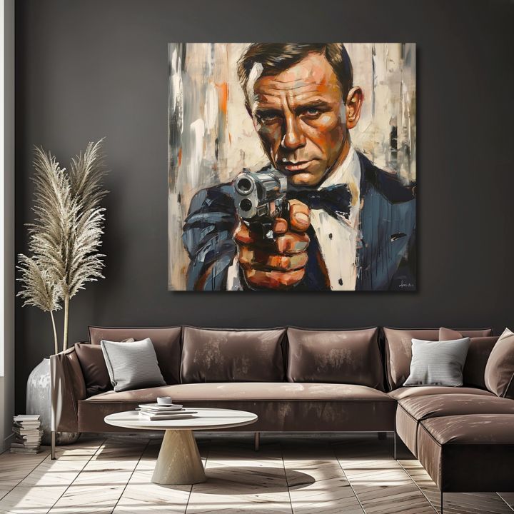 Modern tablou pe pânză cu motivul James Bond - Nebezpečná eleganță în portocaliu nuanțe, atmosferă intensă, lumea filmului | Tablou James Bond - Nebezpečná eleganță – produs