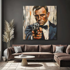 Modern tablou pe pânză cu motivul James Bond - Nebezpečná eleganță în portocaliu nuanțe, atmosferă intensă, lumea filmului | Tablou James Bond - Nebezpečná eleganță – produs