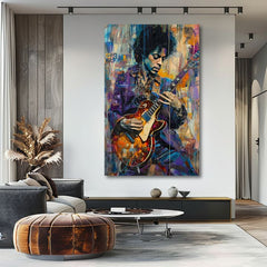 Modern tablou pe pânză cu motivul Jimi Hendrix - Gitara v plameňoch în violet-alb nuanțe, atmosferă energică, creativitate | Tablou Jimi Hendrix - Gitara v plameňoch – produs, vedere 2