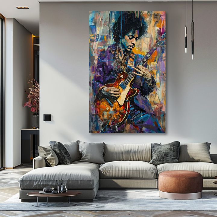 Modern tablou pe pânză cu motivul Jimi Hendrix - Gitara v plameňoch în violet-alb nuanțe, atmosferă energică, creativitate | Tablou Jimi Hendrix - Gitara v plameňoch – produs