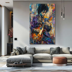 Modern tablou pe pânză cu motivul Jimi Hendrix - Gitara v plameňoch în violet-alb nuanțe, atmosferă energică, creativitate | Tablou Jimi Hendrix - Gitara v plameňoch – produs