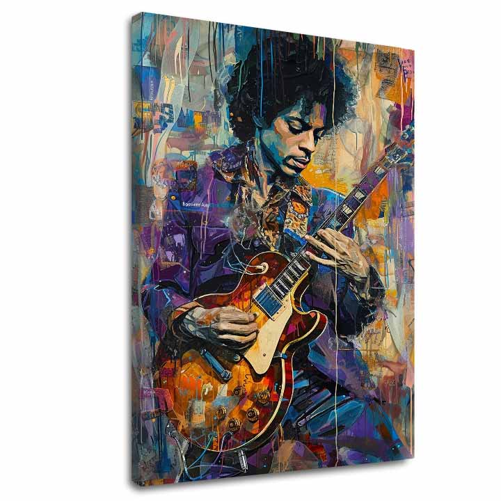 Modern tablou pe pânză cu motivul Jimi Hendrix - Gitara v plameňoch în violet-alb nuanțe, atmosferă energică, creativitate | Tablou Jimi Hendrix - Gitara v plameňoch – principală