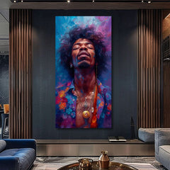 Modern tablou pe pânză cu motivul Jimi Hendrix - Explózia harmónie în albastru-auriu nuanțe, atmosferă liniștită, spiritualitate | Tablou Jimi Hendrix - Explózia harmónie – produs, vedere 2