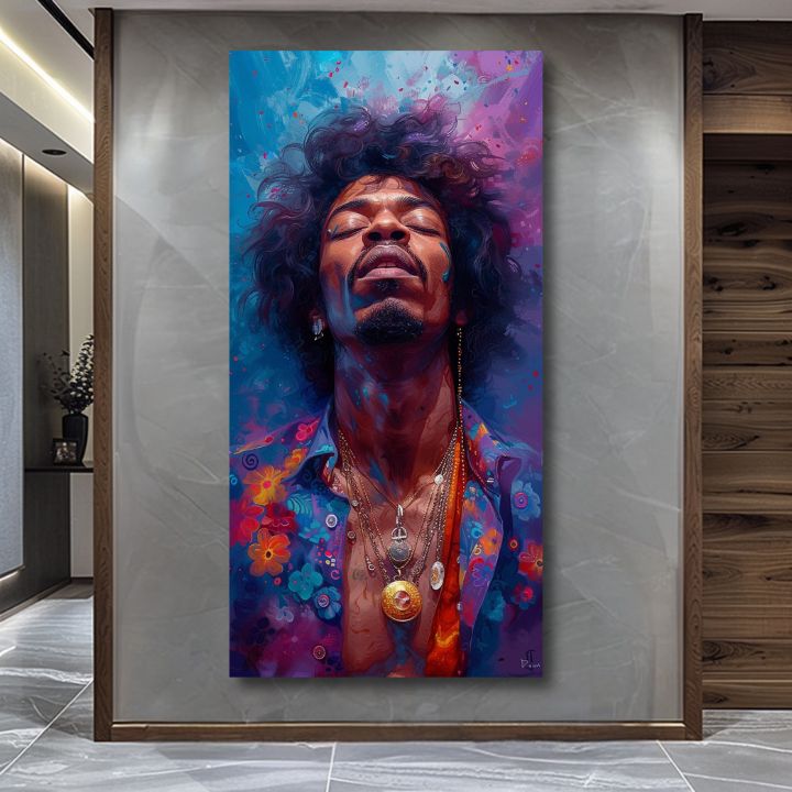 Modern tablou pe pânză cu motivul Jimi Hendrix - Explózia harmónie în albastru-auriu nuanțe, atmosferă liniștită, spiritualitate | Tablou Jimi Hendrix - Explózia harmónie – produs