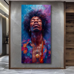 Modern tablou pe pânză cu motivul Jimi Hendrix - Explózia harmónie în albastru-auriu nuanțe, atmosferă liniștită, spiritualitate | Tablou Jimi Hendrix - Explózia harmónie – produs